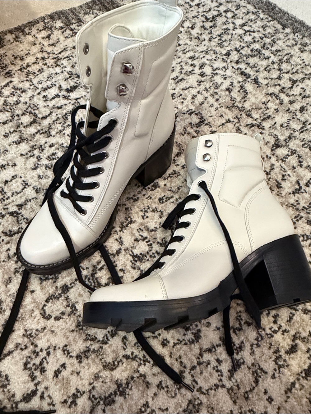 Marc Fisher White Lace-Up Chunky Heel Combat Boots with Black Lug Sole